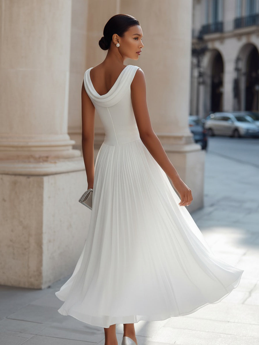 Draped Neck Sleeveless Pleated Midi Dress