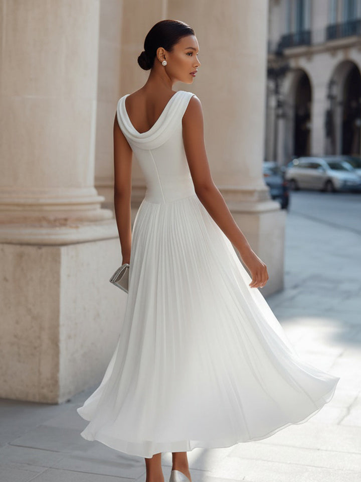 Draped Neck Sleeveless Pleated Midi Dress