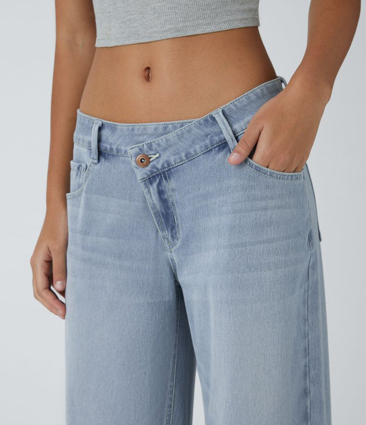 Flex™ Asymmetric Low Rise Zipper Pockets Baggy Wide Leg Washed Casual Jeans