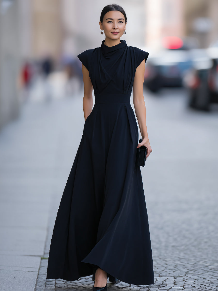 Draped Cap-Sleeve Maxi Dress With Defined Waist