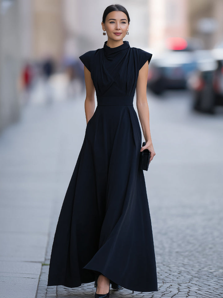 Draped Cap-Sleeve Maxi Dress With Defined Waist
