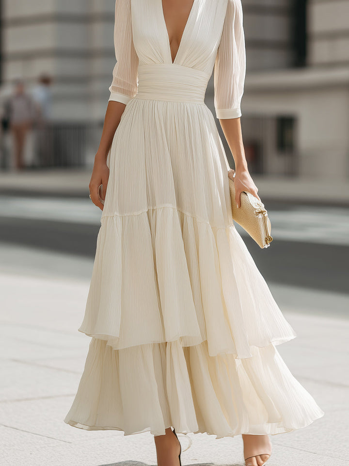 V-Neck Pleated Tiered Maxi Dress