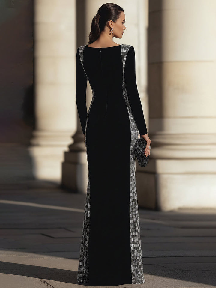 Square-Neck Long Sleeve Evening Gown With Embellished Contour Panels