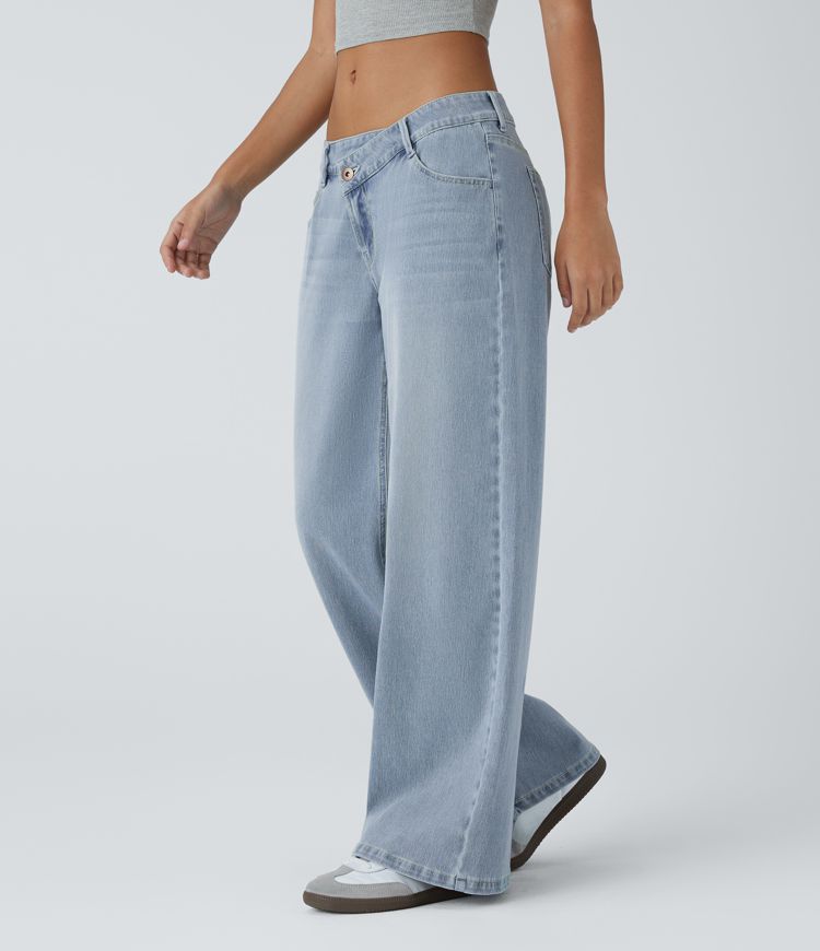 Flex™ Asymmetric Low Rise Zipper Pockets Baggy Wide Leg Washed Casual Jeans