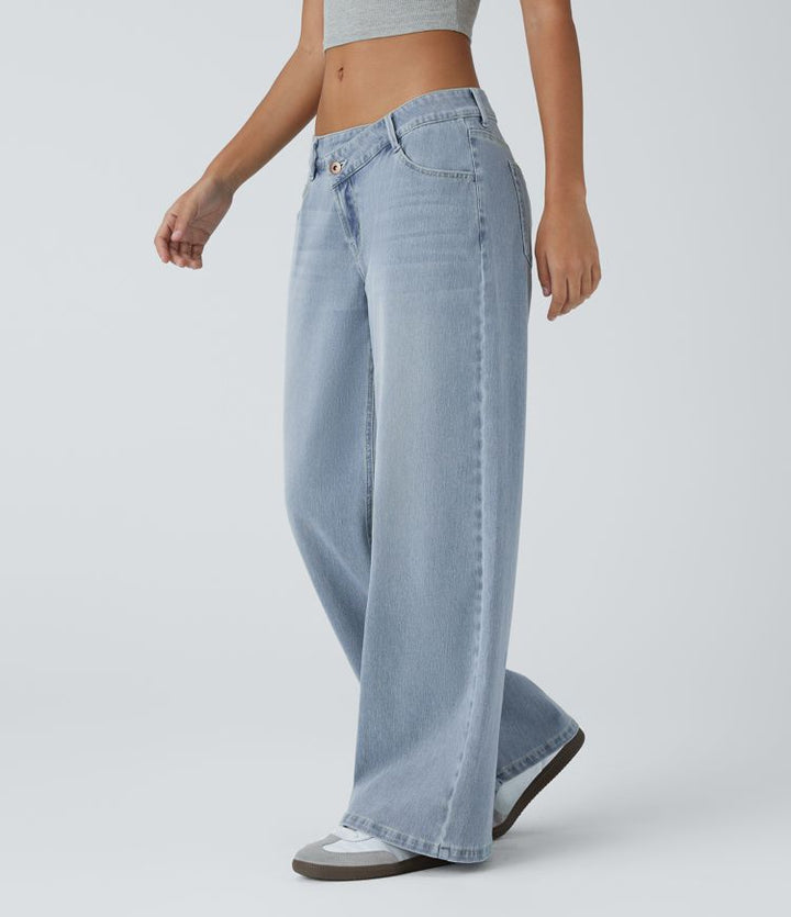 Flex™ Asymmetric Low Rise Zipper Pockets Baggy Wide Leg Washed Casual Jeans