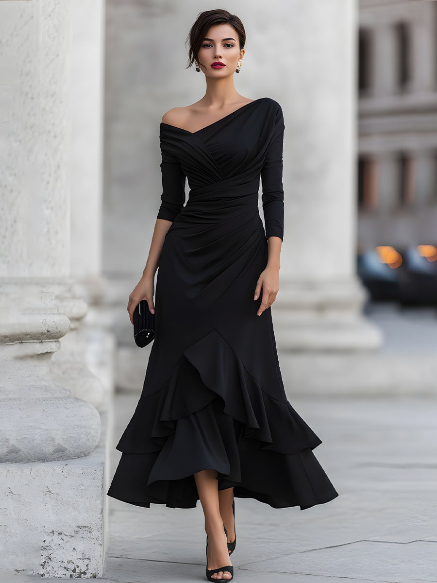 One-Shoulder Ruched Asymmetric Ruffle Hem Midi Dress