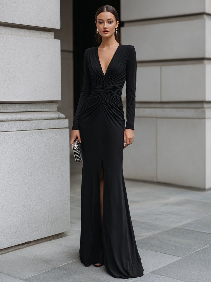 Deep V-Neck Ruched Long Sleeve Column Gown