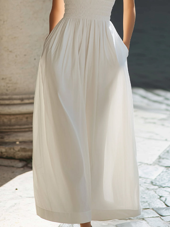 Elegant Sleeveless V-Neck Smocked Waist Maxi Dress With Pockets