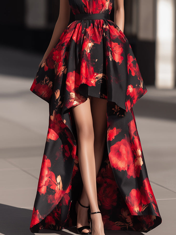 Halter-Neck Satin Floral High-Low Dress