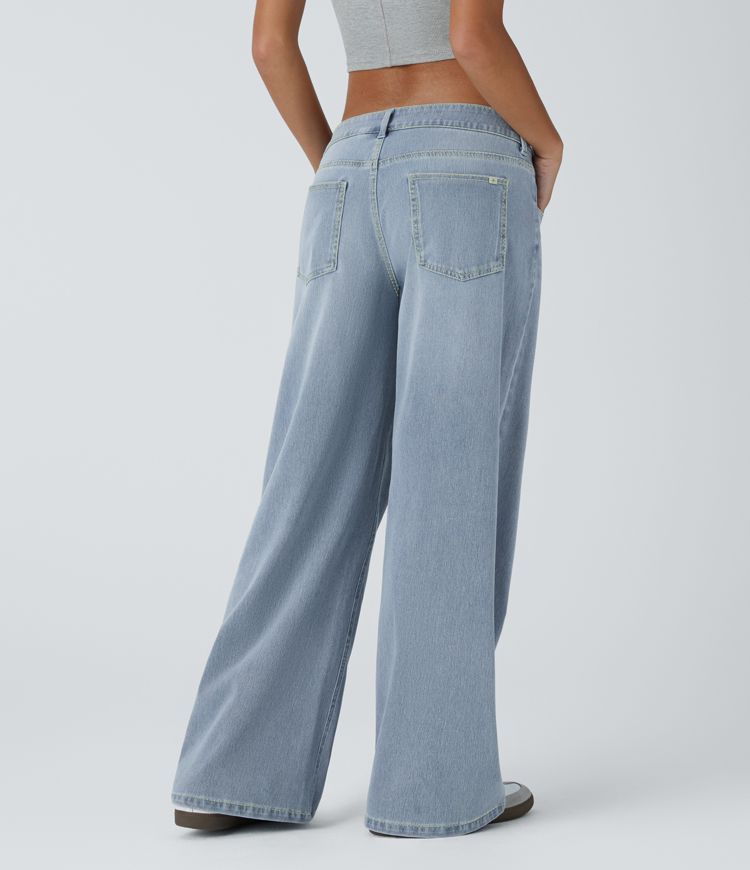 Flex™ Asymmetric Low Rise Zipper Pockets Baggy Wide Leg Washed Casual Jeans