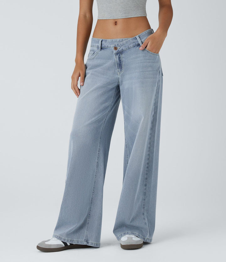 Flex™ Asymmetric Low Rise Zipper Pockets Baggy Wide Leg Washed Casual Jeans