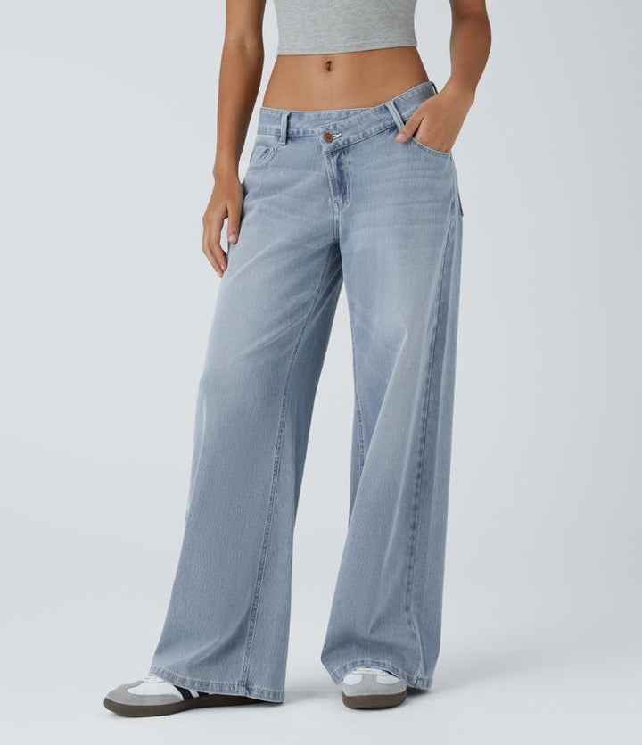 Flex™ Asymmetric Low Rise Zipper Pockets Baggy Wide Leg Washed Casual Jeans