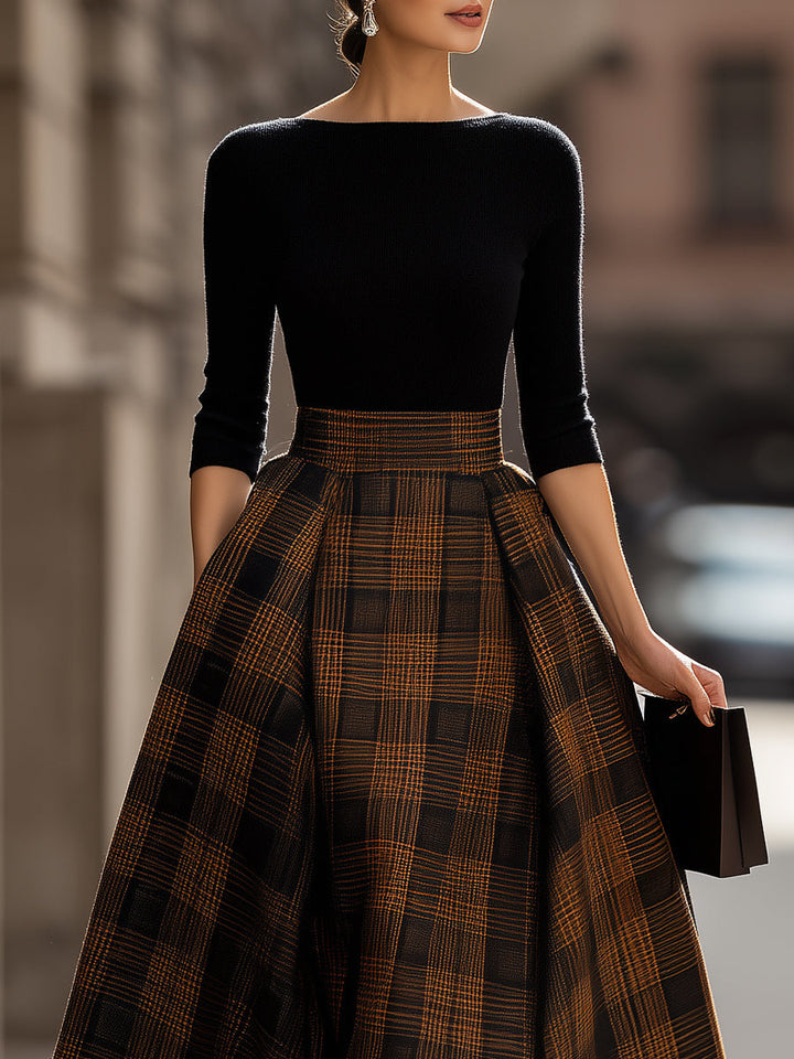 Black Knit & Brown Plaid Voluminous Midi Dress