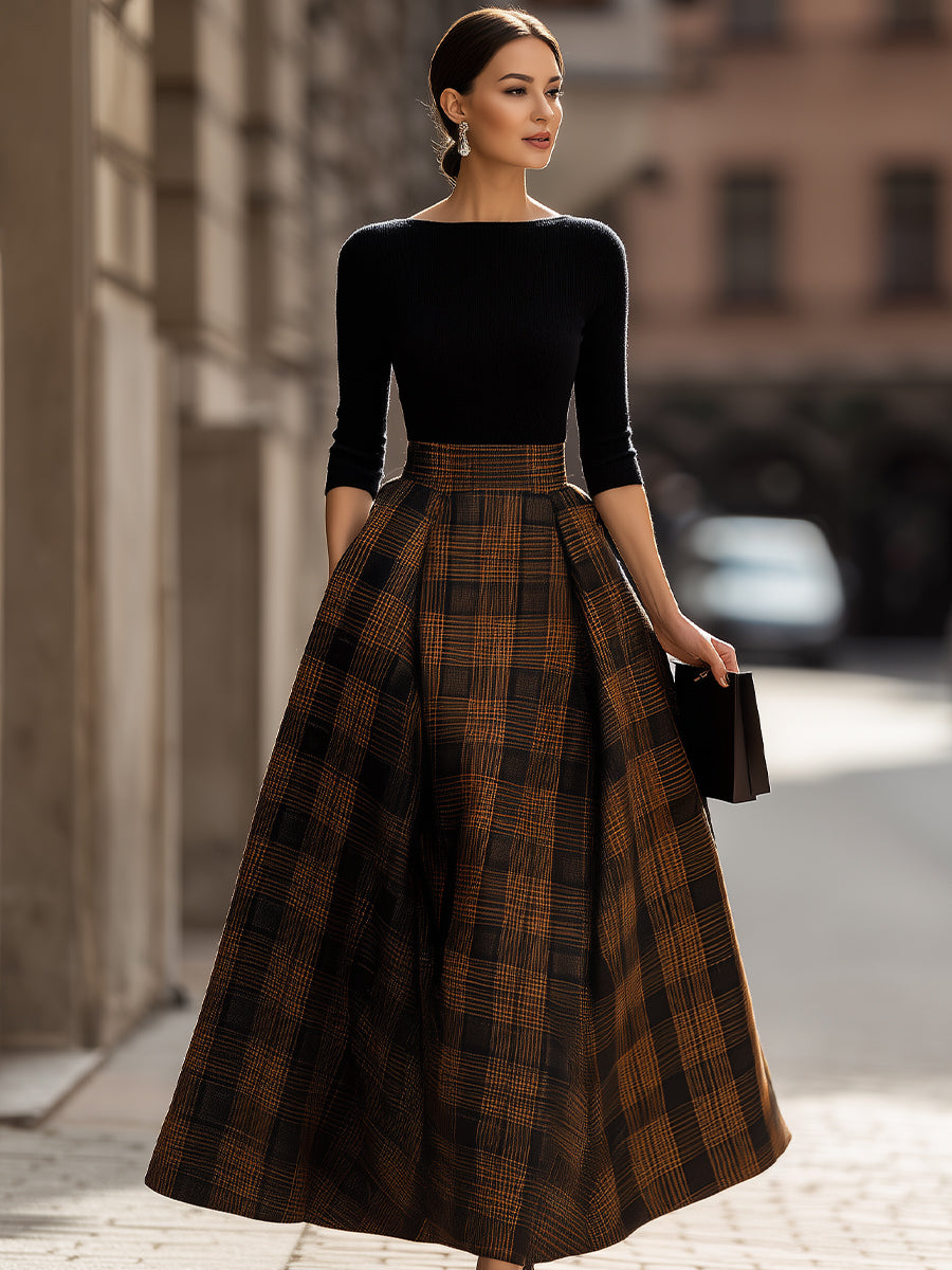 Black Knit & Brown Plaid Voluminous Midi Dress
