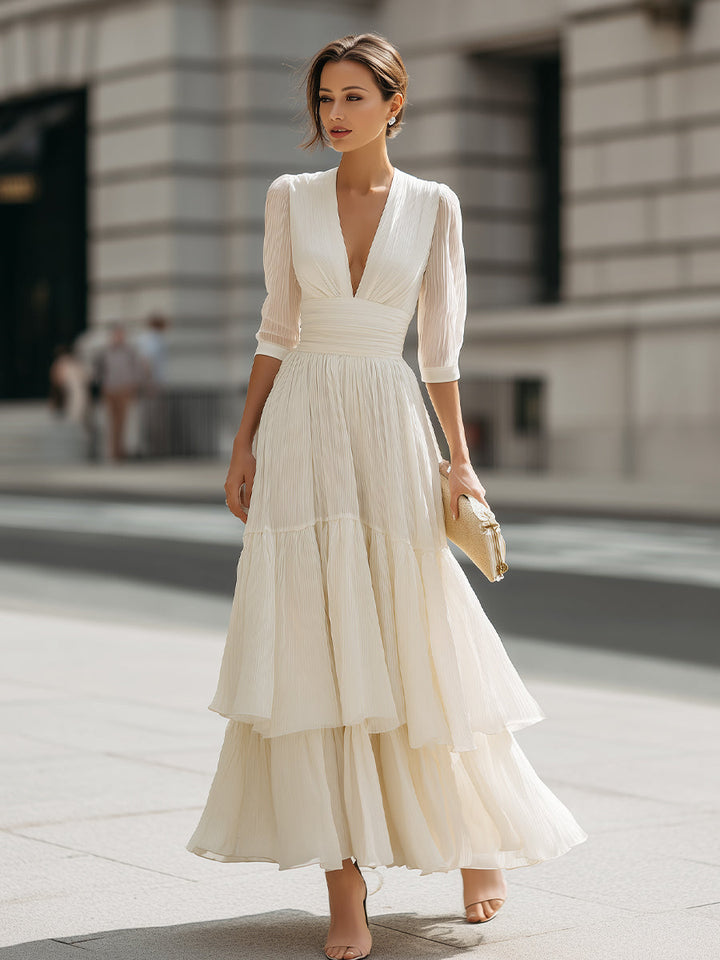 V-Neck Pleated Tiered Maxi Dress