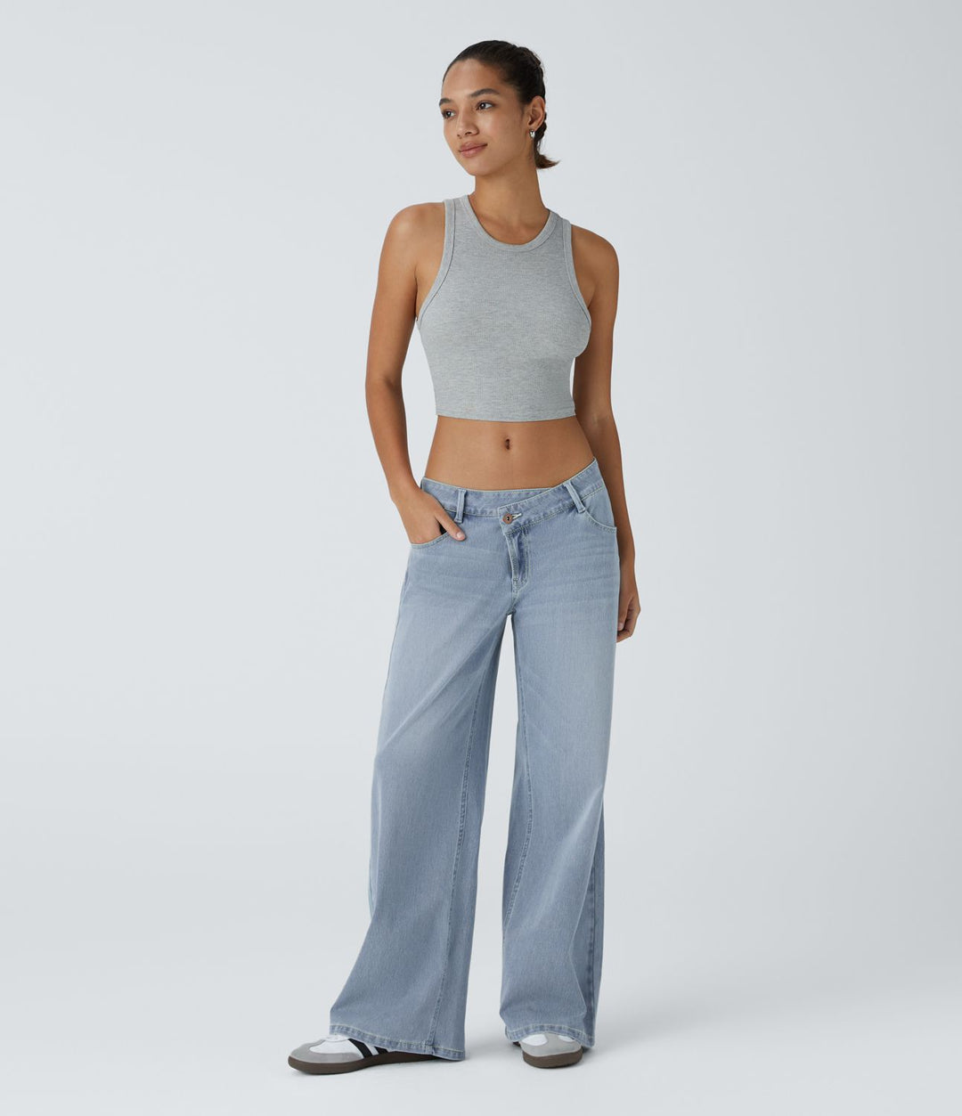 Flex™ Asymmetric Low Rise Zipper Pockets Baggy Wide Leg Washed Casual Jeans