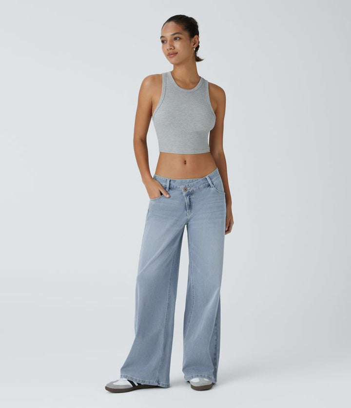 Flex™ Asymmetric Low Rise Zipper Pockets Baggy Wide Leg Washed Casual Jeans