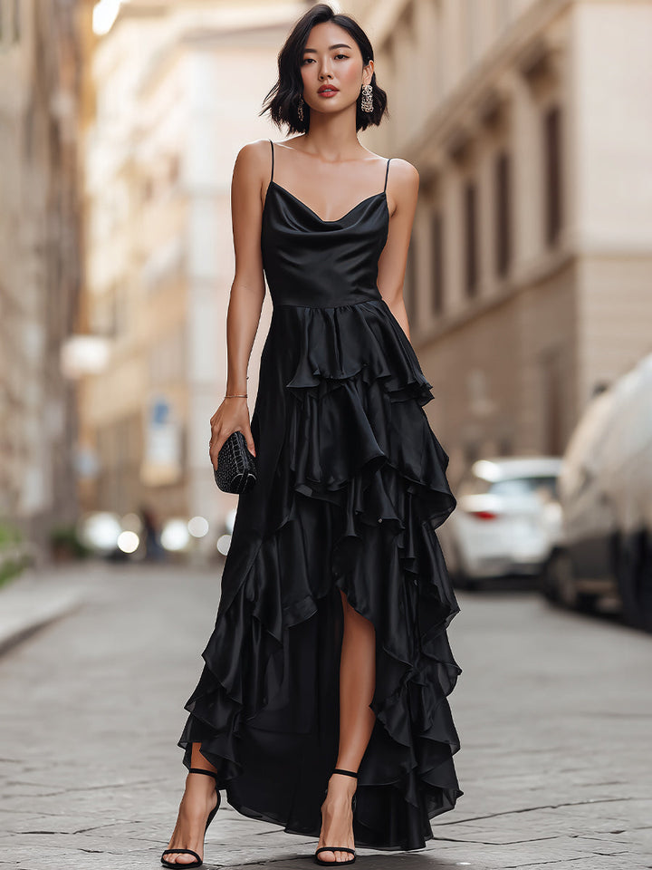 Spaghetti Strap Draped Ruffle Maxi Dress