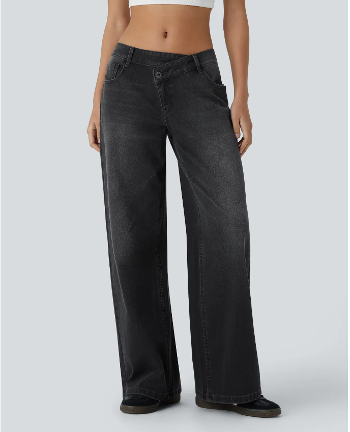 Flex™ Asymmetric Low Rise Zipper Pockets Baggy Wide Leg Washed Casual Jeans
