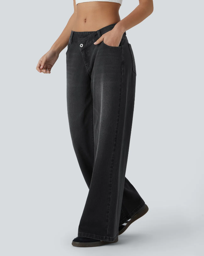 Flex™ Asymmetric Low Rise Zipper Pockets Baggy Wide Leg Washed Casual Jeans