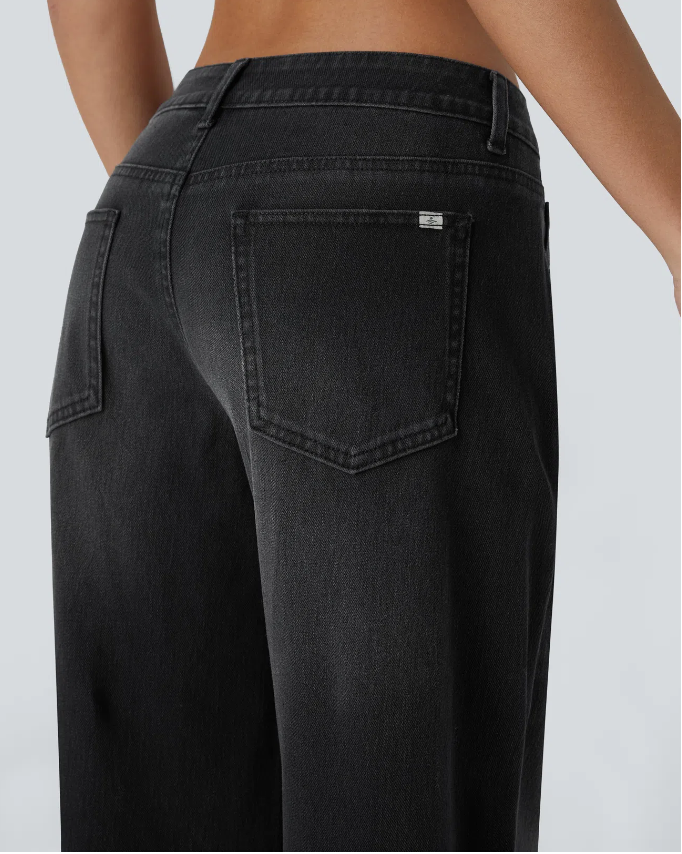 Flex™ Asymmetric Low Rise Zipper Pockets Baggy Wide Leg Washed Casual Jeans