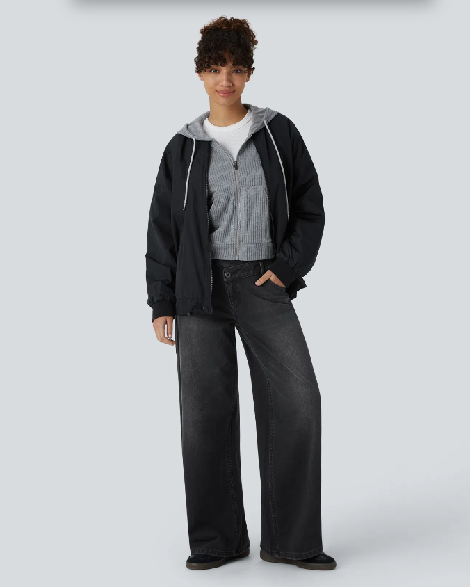 Flex™ Asymmetric Low Rise Zipper Pockets Baggy Wide Leg Washed Casual Jeans
