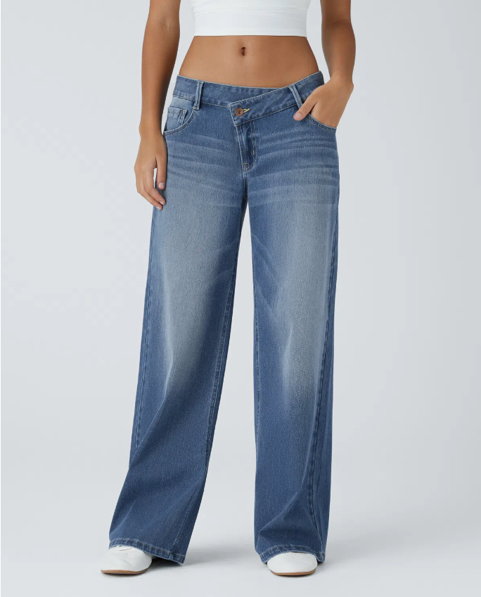 Flex™ Asymmetric Low Rise Zipper Pockets Baggy Wide Leg Washed Casual Jeans