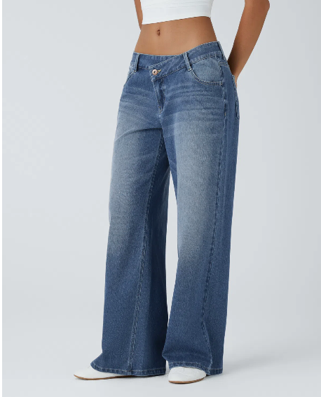 Flex™ Asymmetric Low Rise Zipper Pockets Baggy Wide Leg Washed Casual Jeans