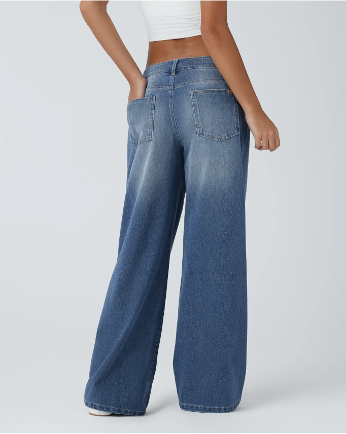 Flex™ Asymmetric Low Rise Zipper Pockets Baggy Wide Leg Washed Casual Jeans
