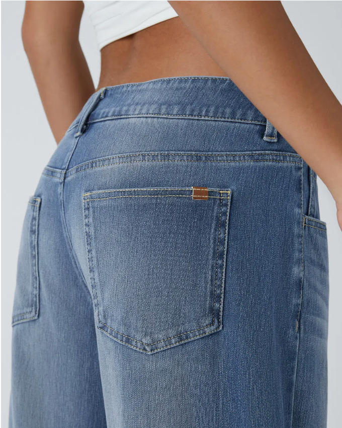 Flex™ Asymmetric Low Rise Zipper Pockets Baggy Wide Leg Washed Casual Jeans