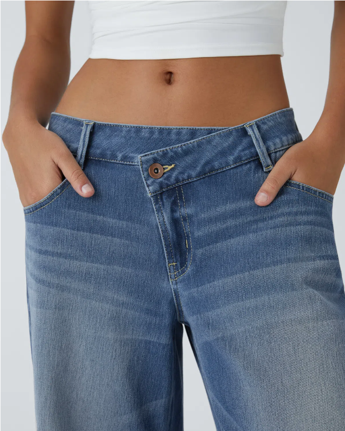 Flex™ Asymmetric Low Rise Zipper Pockets Baggy Wide Leg Washed Casual Jeans