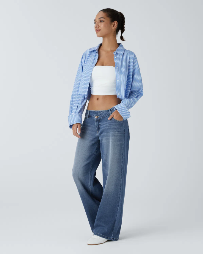 Flex™ Asymmetric Low Rise Zipper Pockets Baggy Wide Leg Washed Casual Jeans