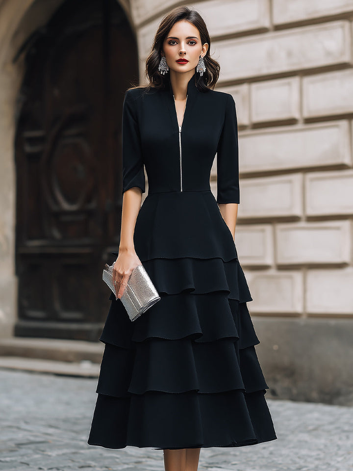 Zip-Front Tiered Midi Dress With Structured Waist