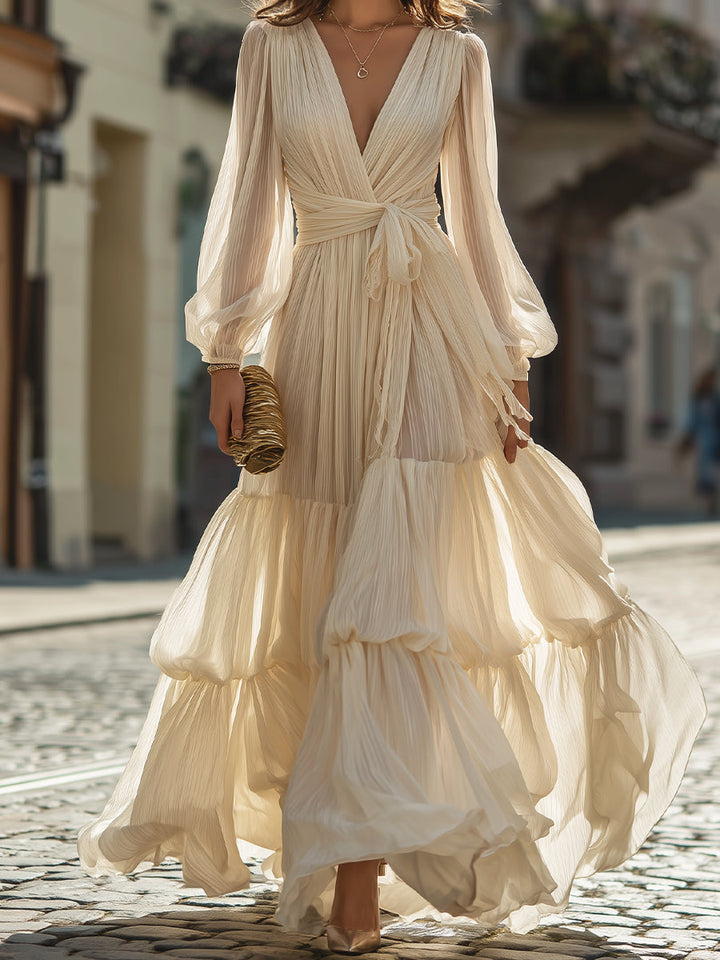 Plunging Neck Tie-Waist Tiered Maxi Dress