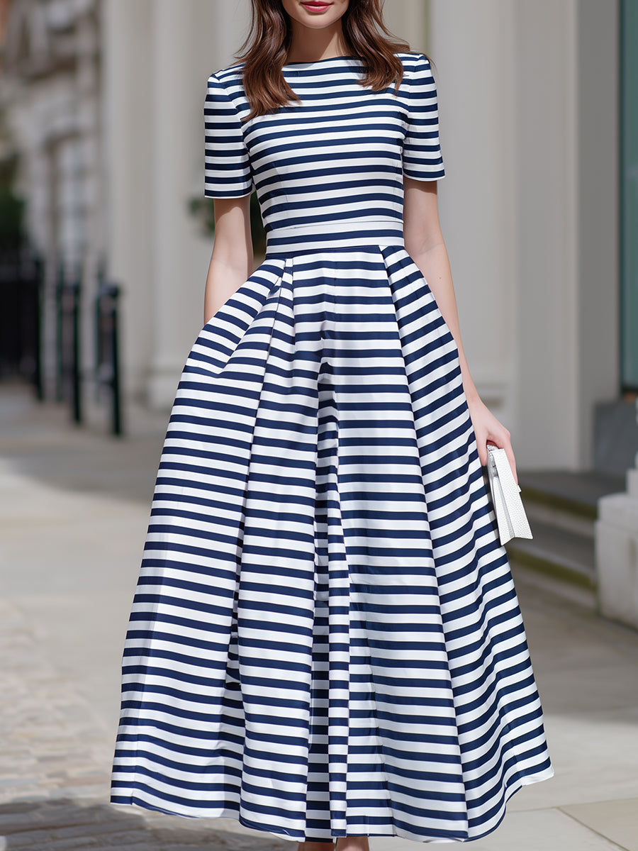 Navy & White Stripe Fit-and-Flare Midi Dress
