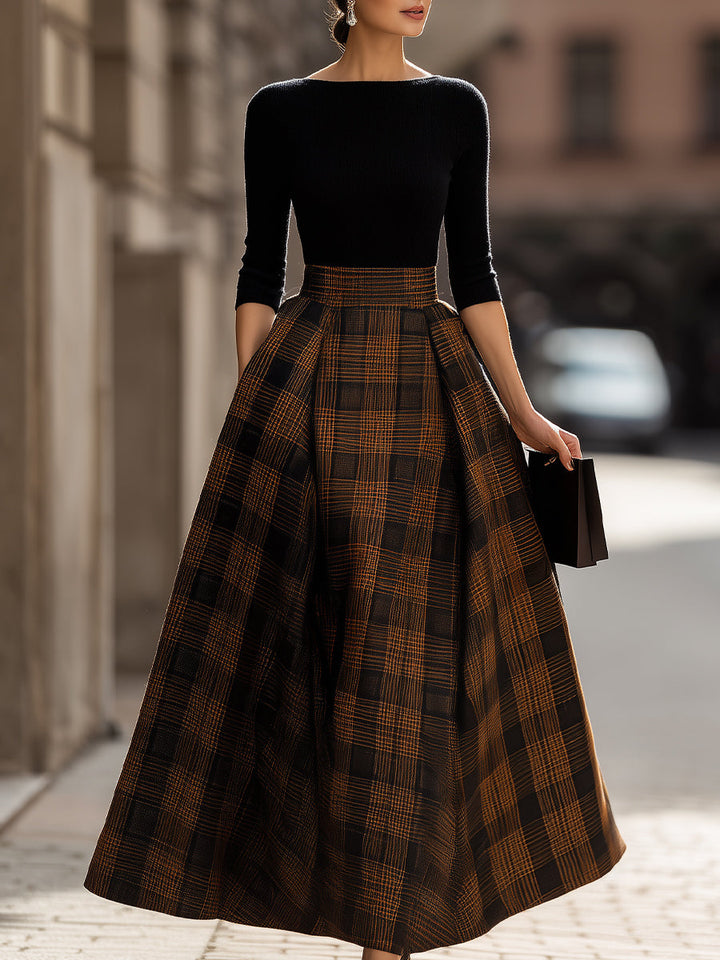 Black Knit & Brown Plaid Voluminous Midi Dress
