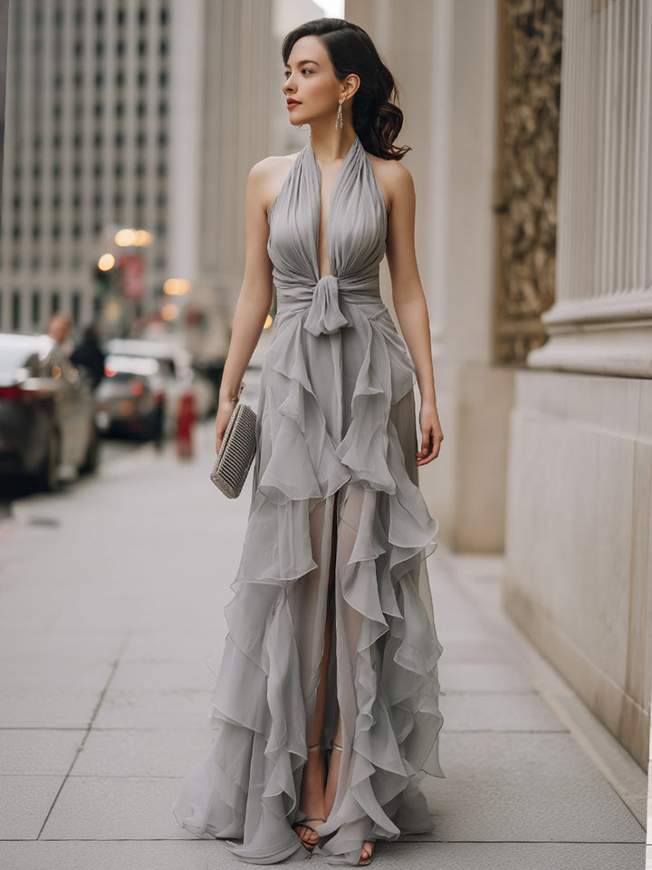 Halter Neck Draped Ruffle Maxi Dress