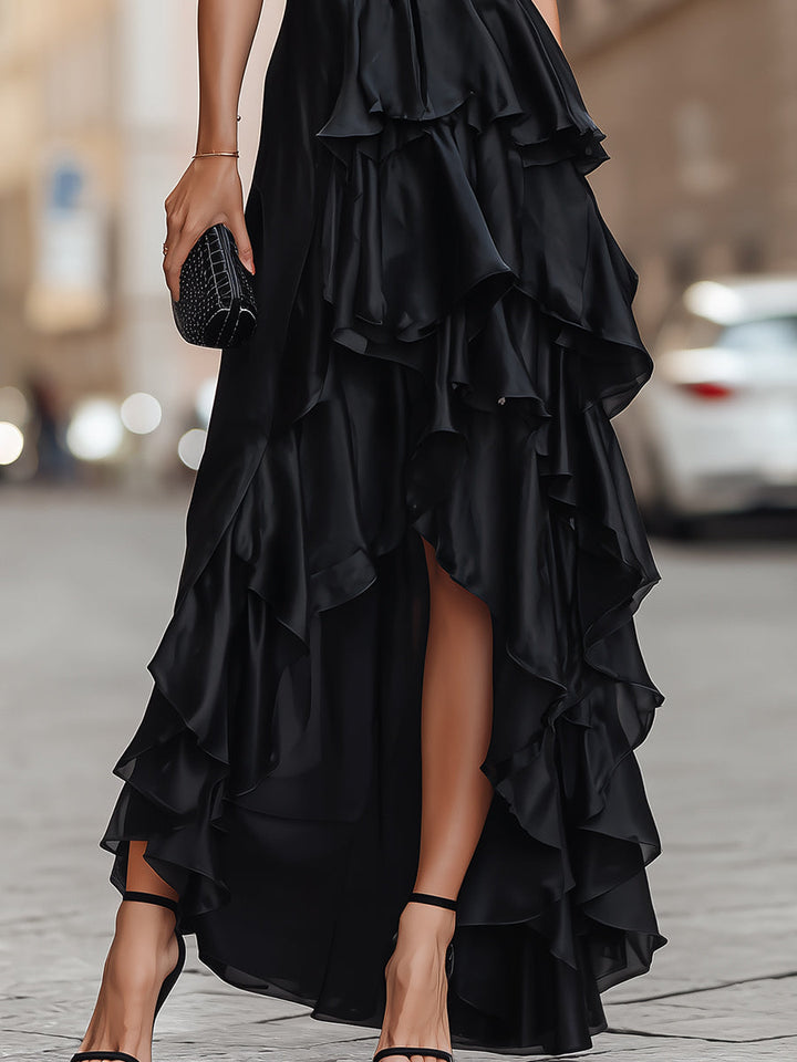 Spaghetti Strap Draped Ruffle Maxi Dress
